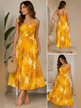 NWT Tulip Creations Women’s Yellow Tropical Floral Ruched Midi Dress MEDIUM